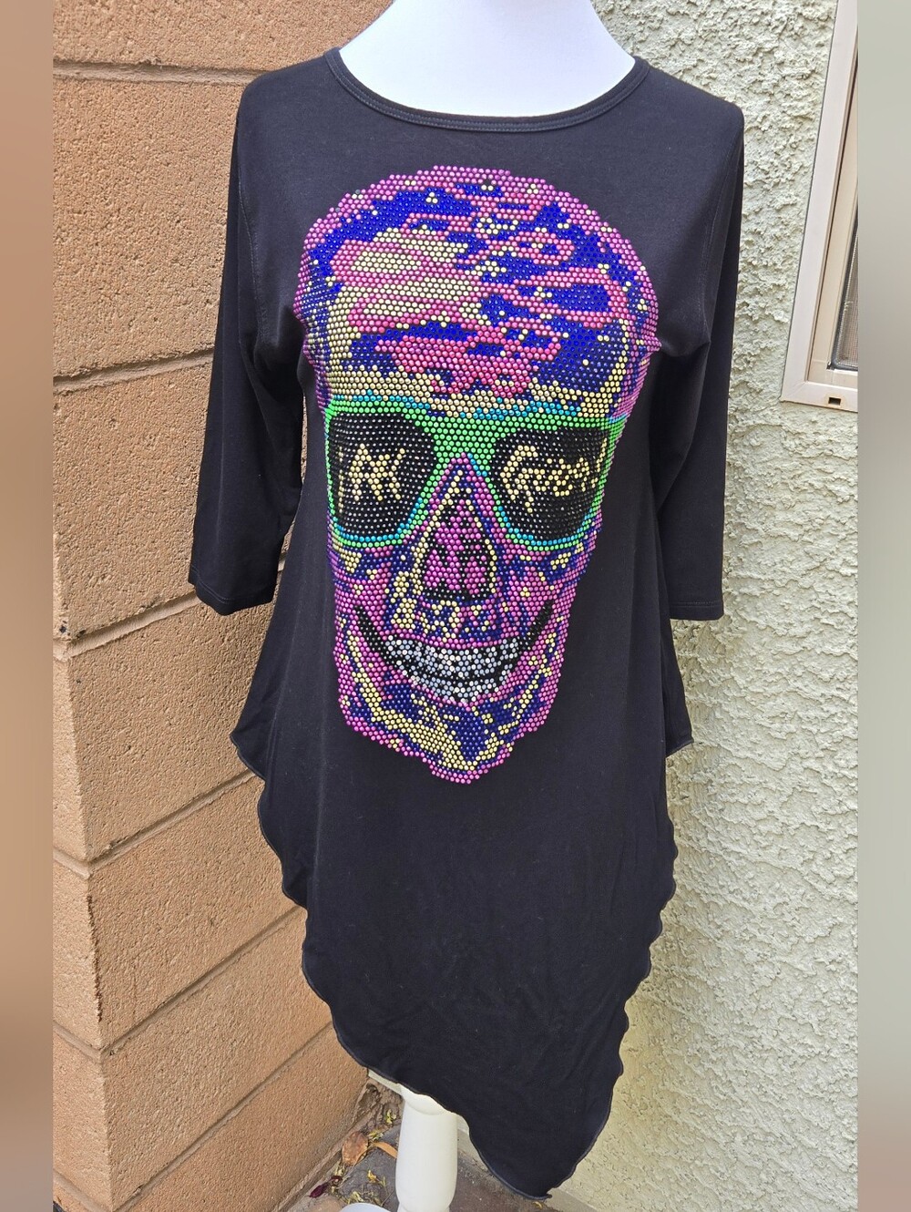 Ay Guey Black Skull Sequin Tunic with Neon Sunglasses Graphic
